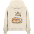 Damen Bio-Boxcut-Hoodie in Natural Raw mit „Meer. Mieze. Glücklich.“ als Backprint – Rückansicht im Original-Mockup.