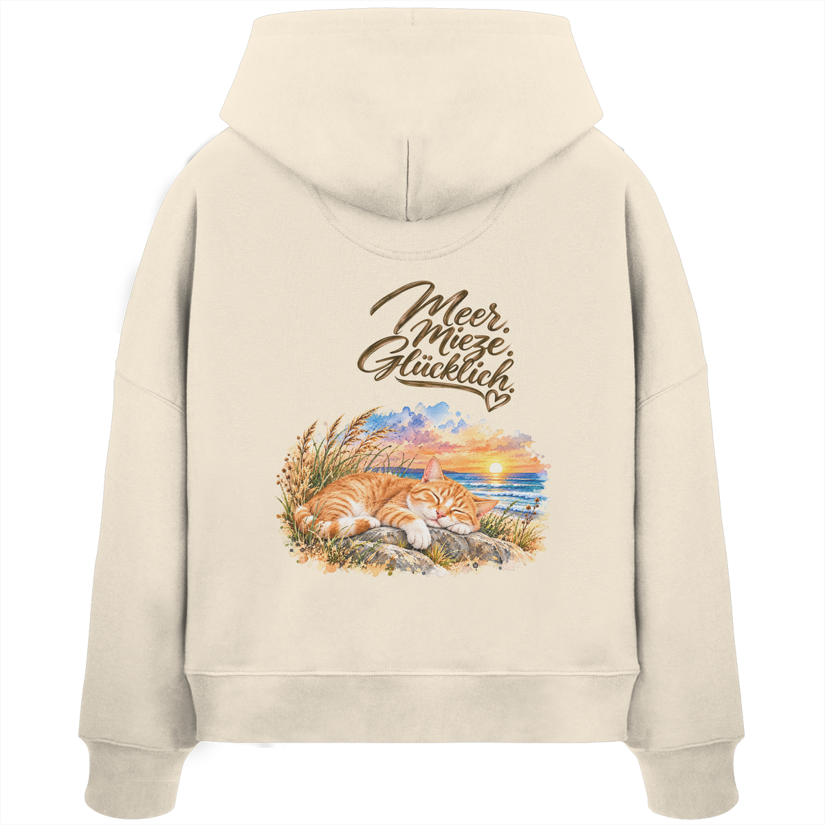 Damen Bio-Boxcut-Hoodie in Natural Raw mit „Meer. Mieze. Glücklich.“ als Backprint – Rückansicht im Original-Mockup.