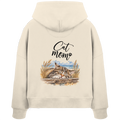 Cat Mom Damen Bio-Boxcut-Hoodie in Natural Raw – Original-Mockup mit Kapuze, kurzem Saum und Katzen-Küstenmotiv auf dem Rücken.