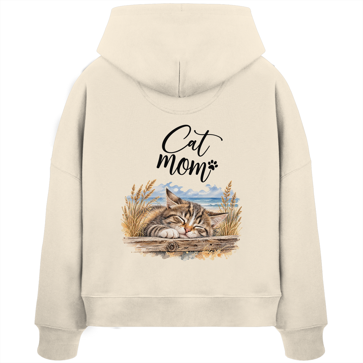 Cat Mom Damen Bio-Boxcut-Hoodie in Natural Raw – Original-Mockup mit Kapuze, kurzem Saum und Katzen-Küstenmotiv auf dem Rücken.