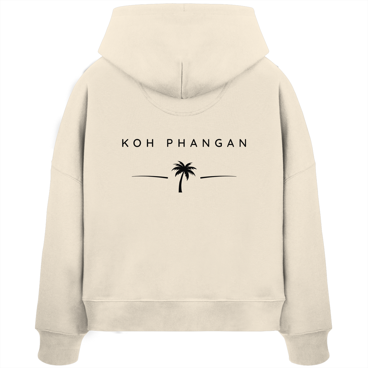 Original-Mockup des Damen Bio Boxcut Hoodie in Natural Raw mit Koh-Phangan-Minimal-Backprint