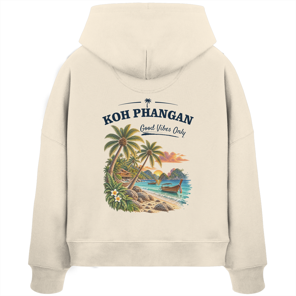 Damen Bio Boxcut Hoodie – Backprint in natural raw als Original-Mockup mit Koh Phangan Good Vibes Only Backprint