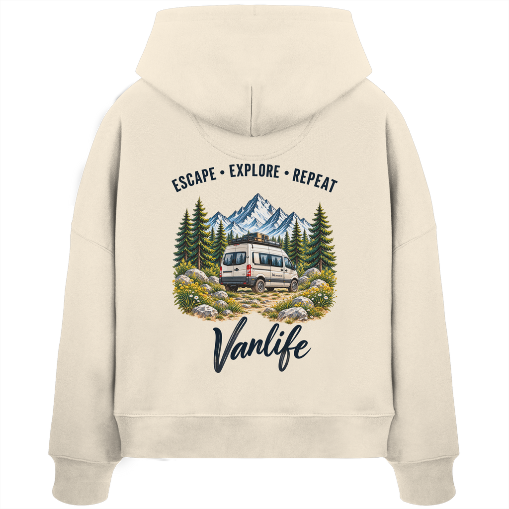 Damen Bio Boxcut Hoodie in Natural Raw als Produkt-Mockup mit Escape Explore Repeat Motiv als Backprint