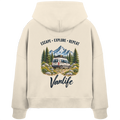 Damen Bio Boxcut Hoodie in Natural Raw als Produkt-Mockup mit Escape Explore Repeat Motiv als Backprint