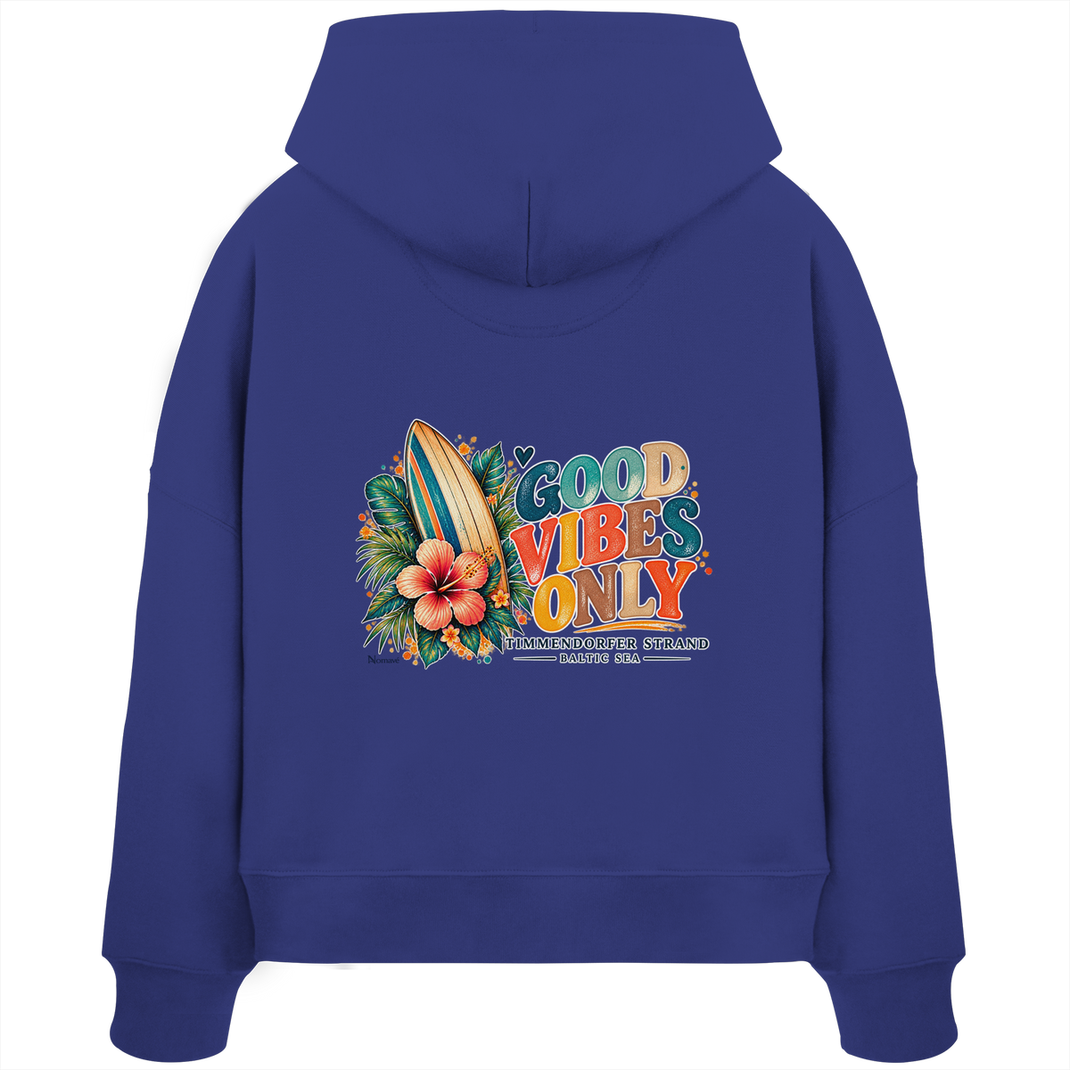 Rückansicht des Damen-Boxcut-Hoodies in Worker Blue mit Timmendorfer-Surf-Vibes-Motiv aus Surfboard, Hibiskusblüten und „Good Vibes Only“.