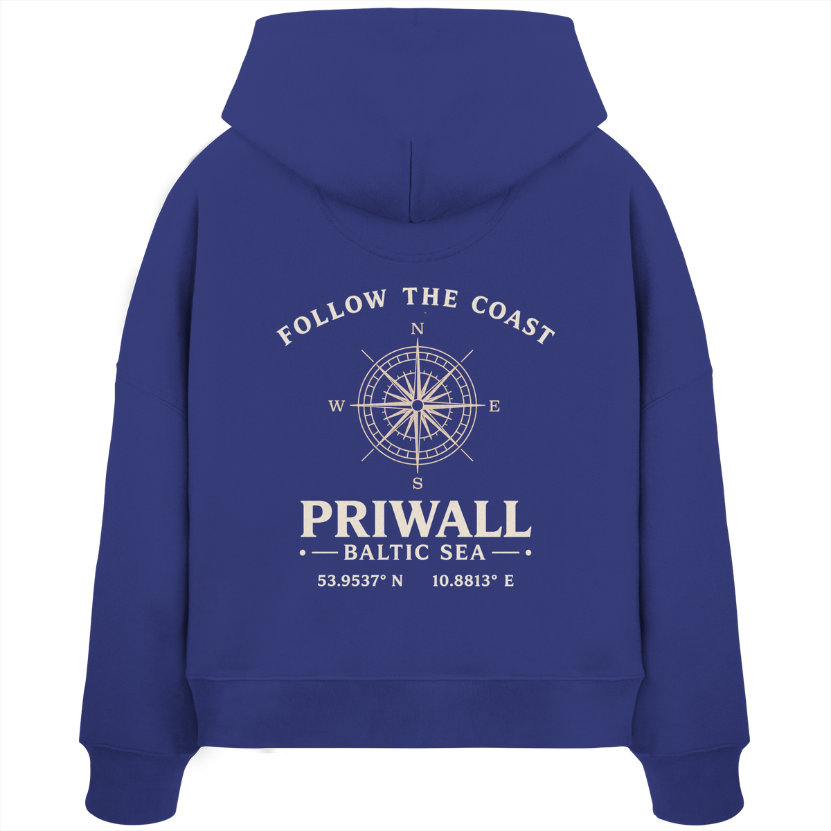 Rückansicht des Damen Bio Boxcut Hoodie in Worker Blue mit dunklem Priwall Follow the Coast Backprint