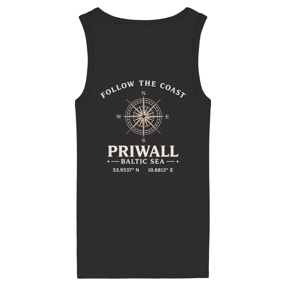 Rückansicht des Damen Bio Fitted Tank Top in Black mit dunklem Priwall Follow the Coast Backprint