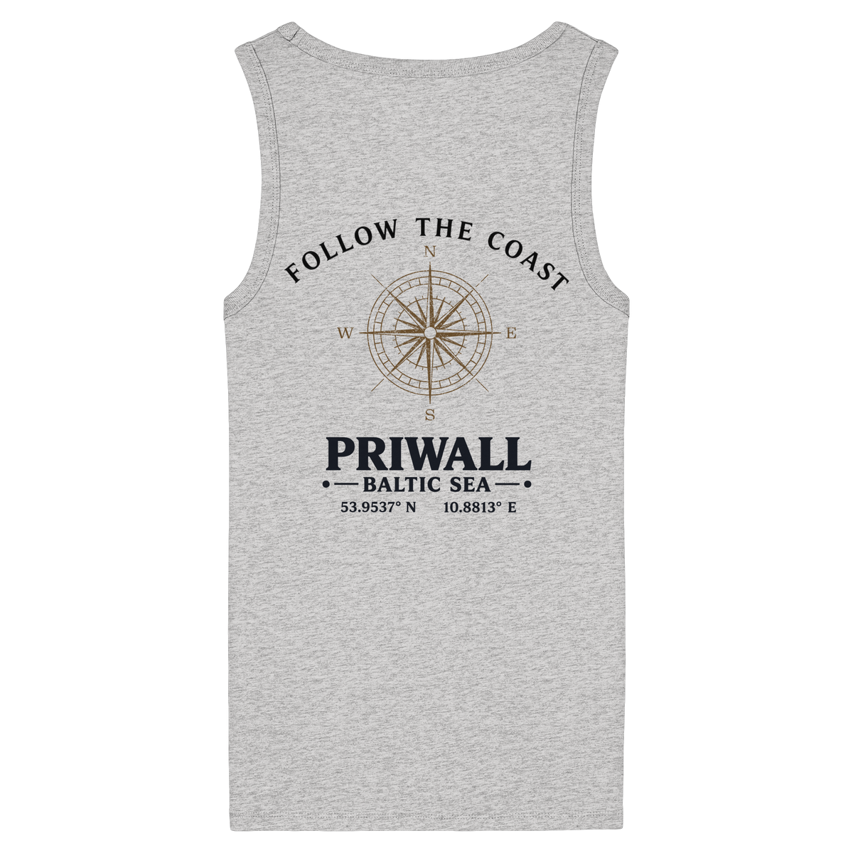 Rückansicht des Damen Bio Fitted Tank Top in Cool Heather Grey mit hellem Priwall Follow the Coast Backprint