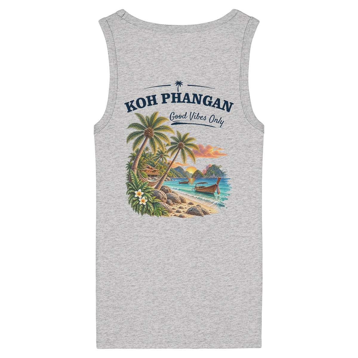 Damen Bio Tank Top – Backprint in cool heather grey als Original-Mockup mit Koh Phangan Good Vibes Only Backprint