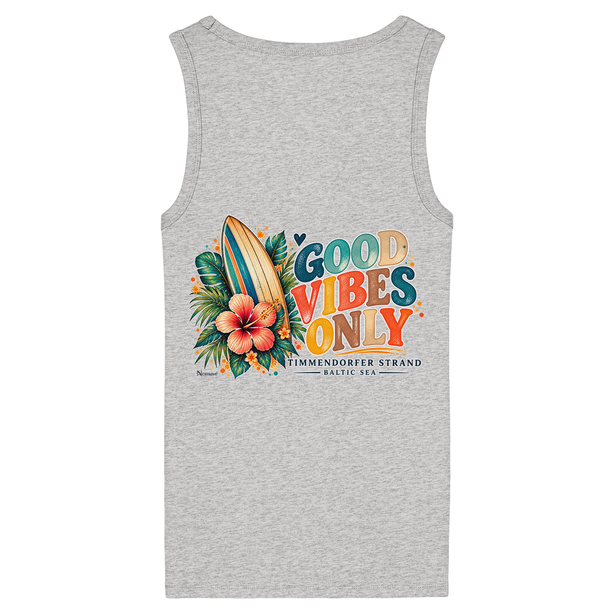 Original-Rückansicht 2: Damen Bio-Fitted-Tanktop in Cool Heather Grey mit Timmendorfer-Surf-Vibes-Rückenprint, Surfboard, Hibiskusblüten und Baltic-Sea-Schriftzug.