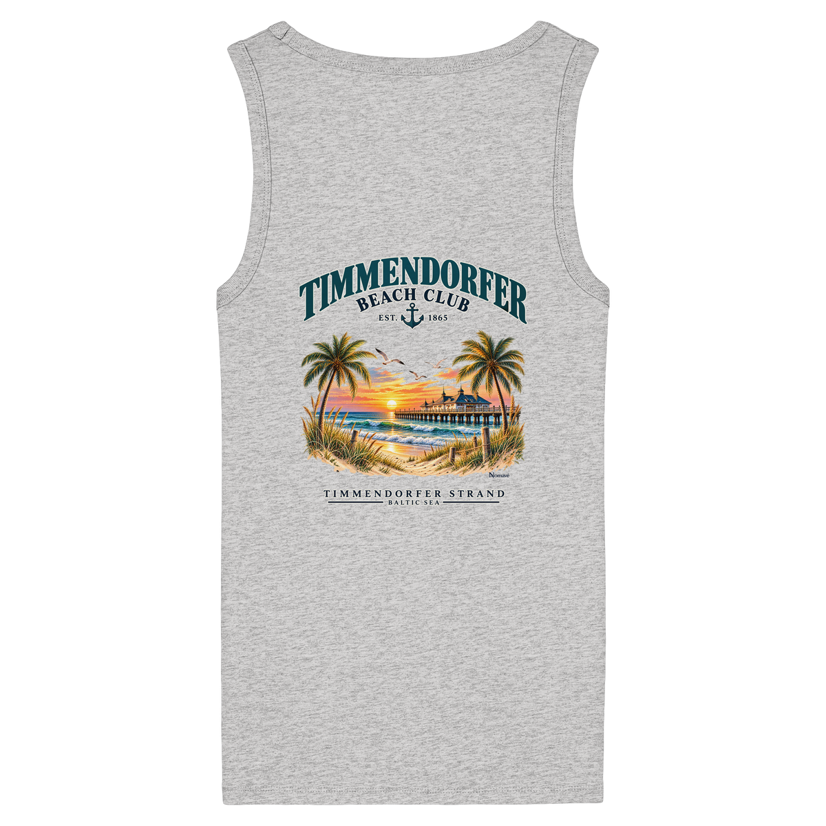 Original-Produktmockup: figurbetontes Damen-Bio-Tanktop in Cool Heather Grey, Rückansicht mit Timmendorfer-Beach-Club-Motiv und dem Schriftzug Timmendorfer Strand – Baltic Sea.