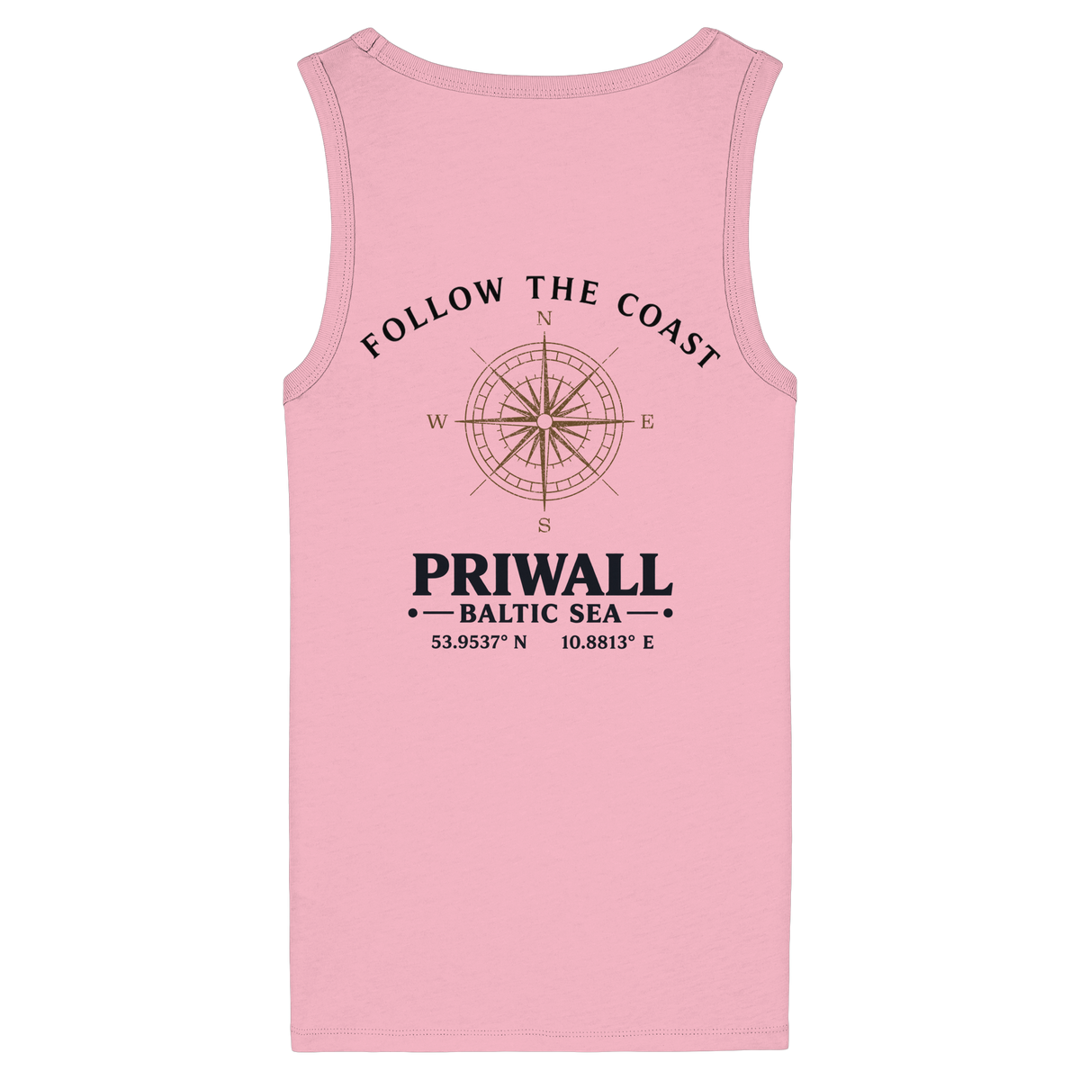 Rückansicht des Damen Bio Fitted Tank Top in Cotton Pink mit hellem Priwall Follow the Coast Backprint