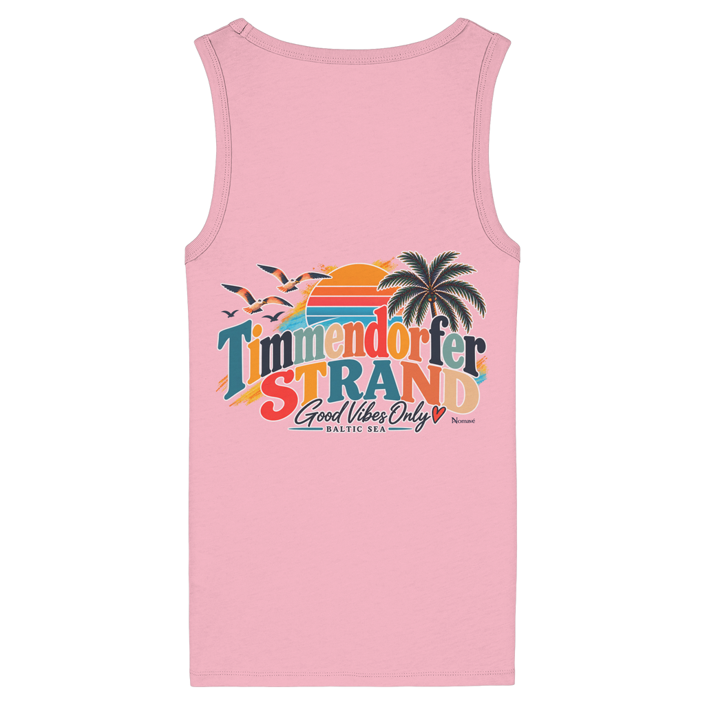 Timmendorfer Strand – Good Vibes Only – Damen Fitted Tanktop mit Rückenprint – Cotton Pink; originales Katalogmockup der Rückansicht mit Rückenprint.