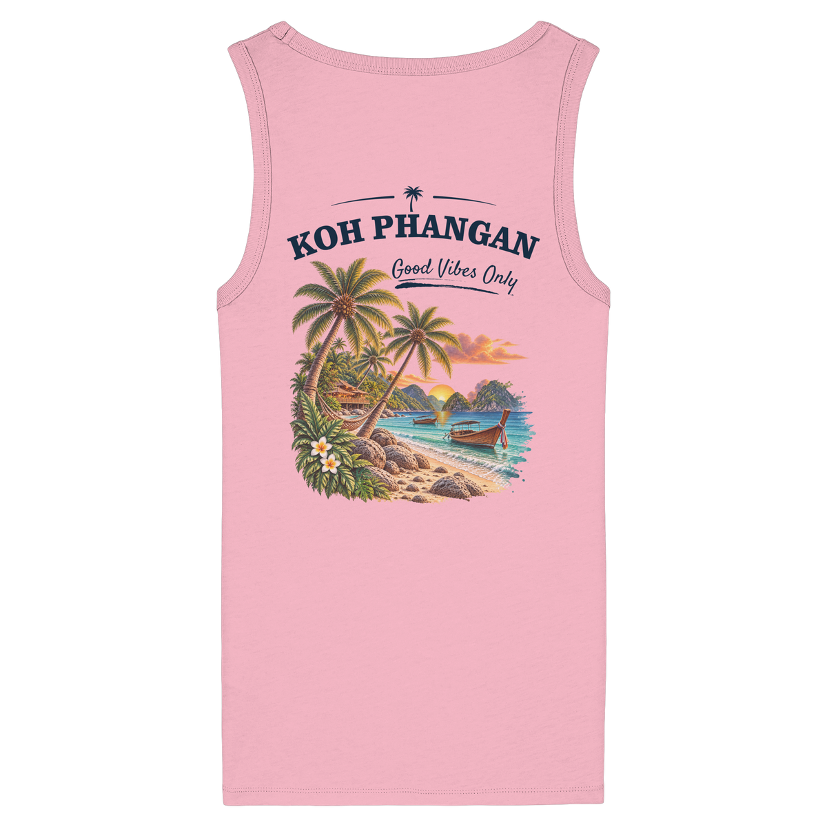Damen Bio Tank Top – Backprint in cotton pink als Original-Mockup mit Koh Phangan Good Vibes Only Backprint