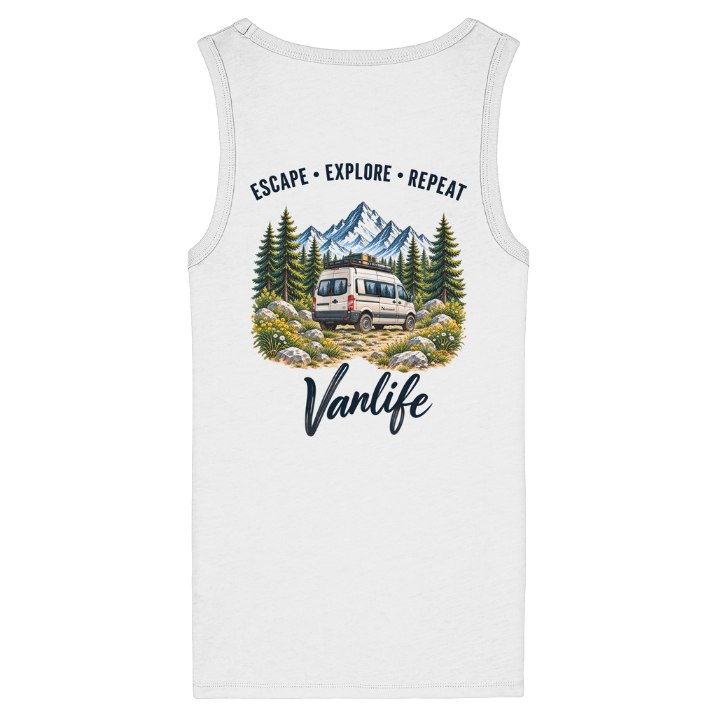 Damen Bio Fitted Tank Top in White als Produkt-Mockup mit Escape Explore Repeat Motiv als Backprint