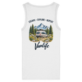 Damen Bio Fitted Tank Top in White als Produkt-Mockup mit Escape Explore Repeat Motiv als Backprint