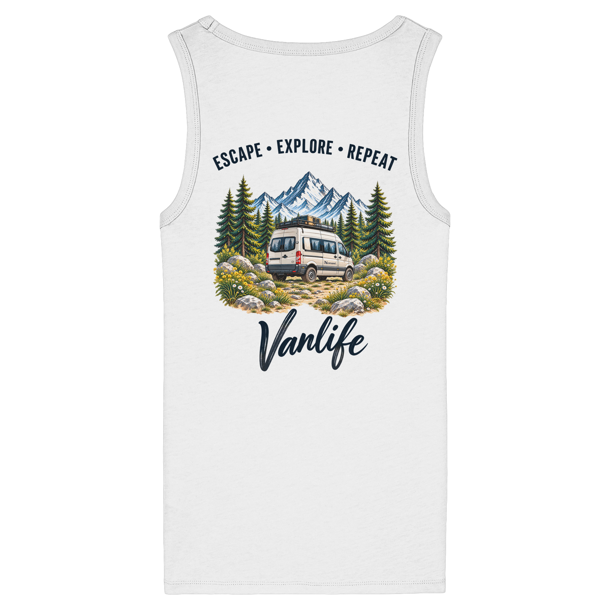 Damen Bio Fitted Tank Top in White als Produkt-Mockup mit Escape Explore Repeat Motiv als Backprint