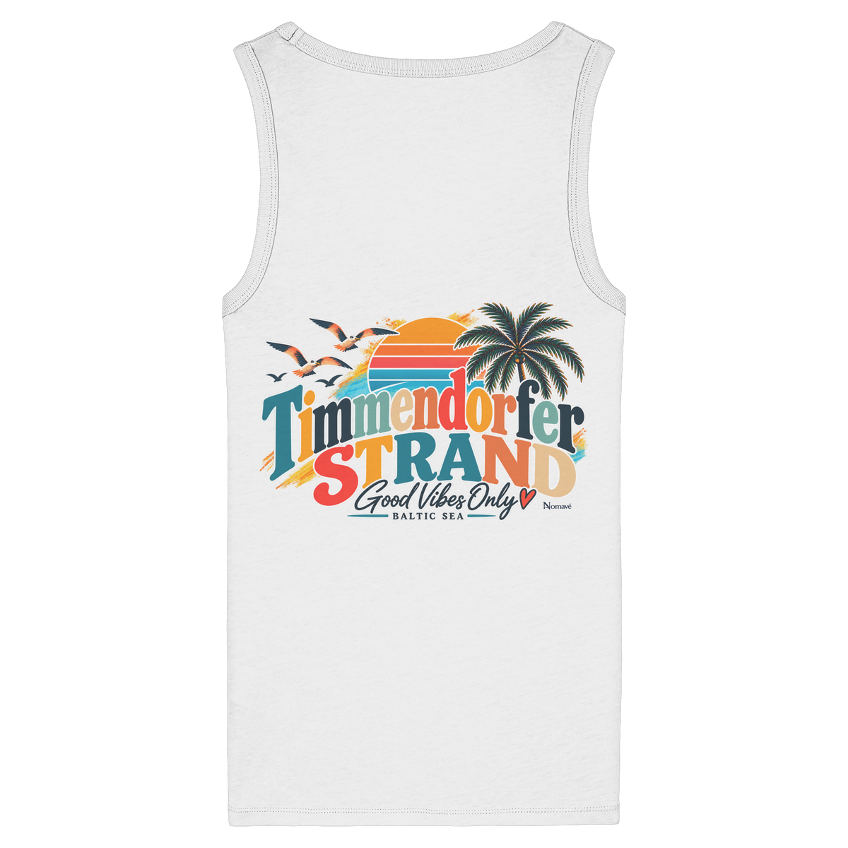 Timmendorfer Strand – Good Vibes Only – Damen Fitted Tanktop mit Rückenprint – White; originales Katalogmockup der Rückansicht mit Rückenprint.