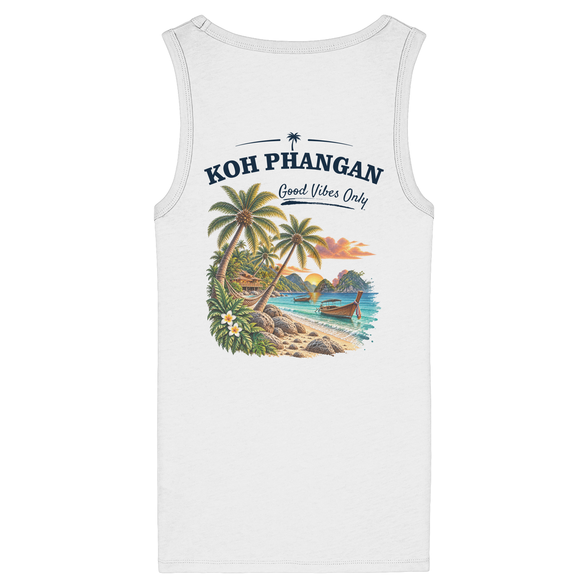 Damen Bio Tank Top – Backprint in white als Original-Mockup mit Koh Phangan Good Vibes Only Backprint