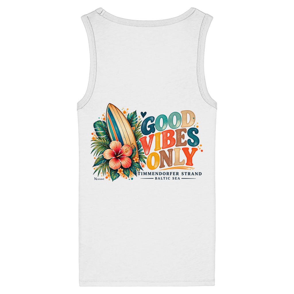 Original-Rückansicht 1: Damen Bio-Fitted-Tanktop in White mit Timmendorfer-Surf-Vibes-Rückenprint, Surfboard, Hibiskusblüten und Baltic-Sea-Schriftzug.