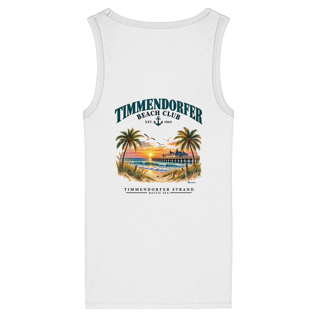 Original-Produktmockup: figurbetontes Damen-Bio-Tanktop in White, Rückansicht mit Timmendorfer-Beach-Club-Motiv und dem Schriftzug Timmendorfer Strand – Baltic Sea.