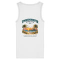 Original-Produktmockup: figurbetontes Damen-Bio-Tanktop in White, Rückansicht mit Timmendorfer-Beach-Club-Motiv und dem Schriftzug Timmendorfer Strand – Baltic Sea.