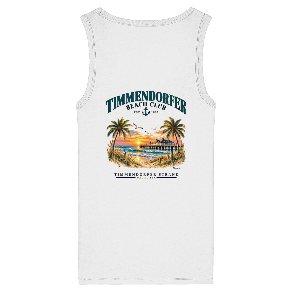 Original-Produktmockup: figurbetontes Damen-Bio-Tanktop in White, Rückansicht mit Timmendorfer-Beach-Club-Motiv und dem Schriftzug Timmendorfer Strand – Baltic Sea.