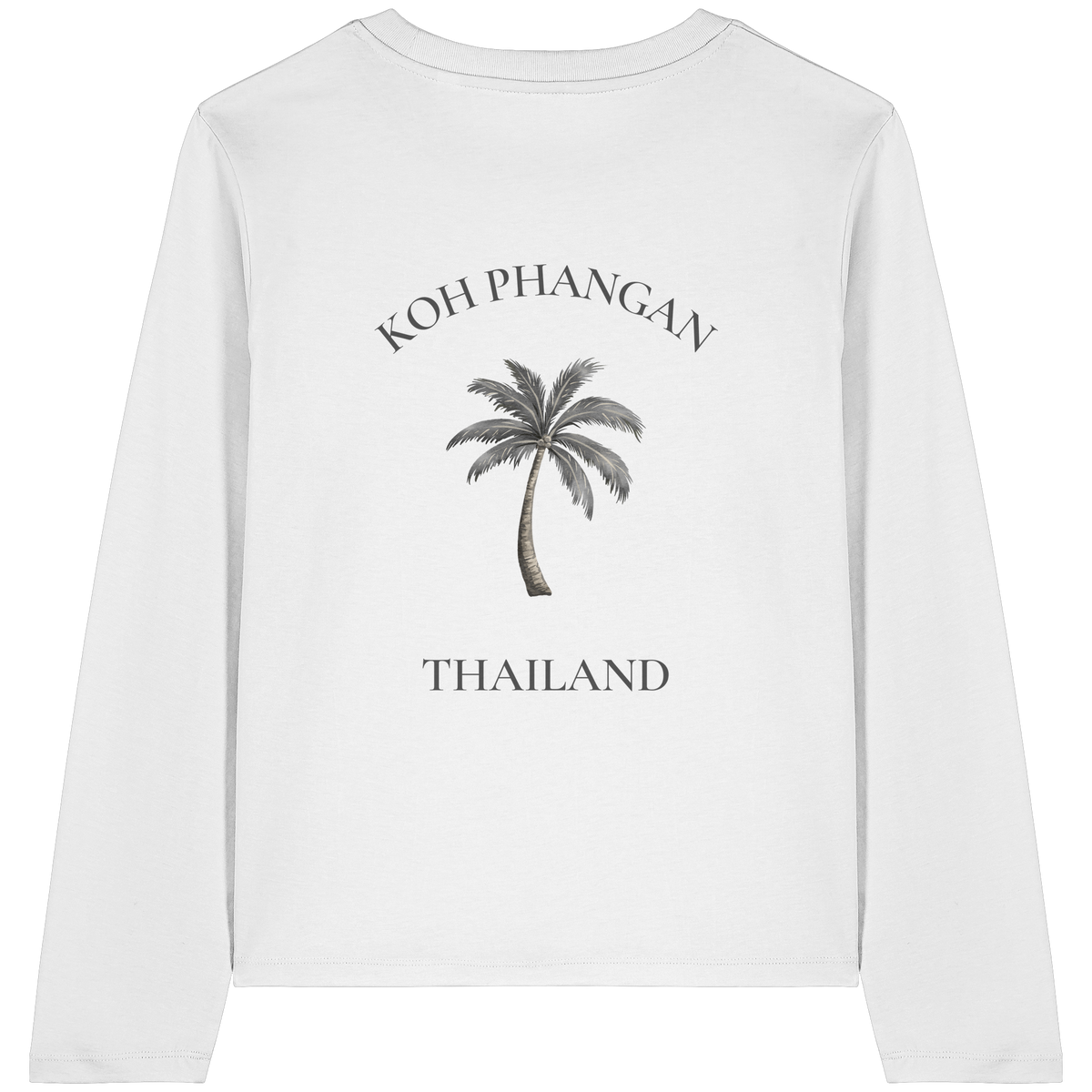 Damen Bio Longsleeve in Weiß mit Koh Phangan Mini Palm Motiv als Backprint – Original-Mockup