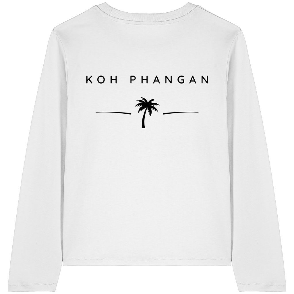 Original-Mockup des Damen Bio Longsleeve in Weiß mit Koh-Phangan-Minimal-Backprint