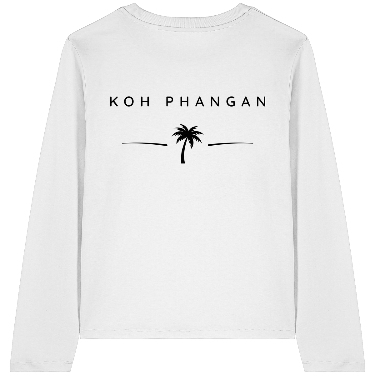 Original-Mockup des Damen Bio Longsleeve in Weiß mit Koh-Phangan-Minimal-Backprint