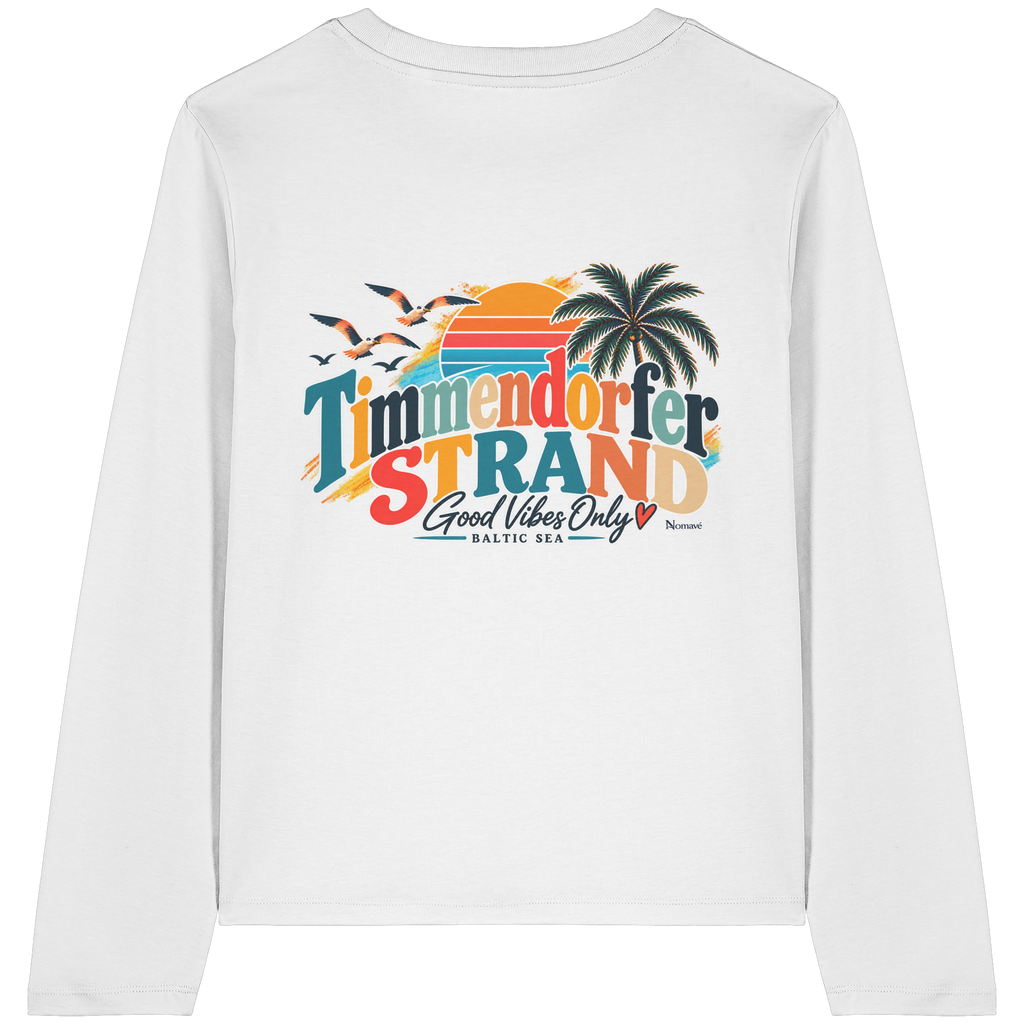 Damen-Bio-Langarmshirt in White, Rückansicht mit Timmendorfer-Strand-Good-Vibes-Only-Rückenprint.