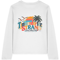 Damen-Bio-Langarmshirt in White, Rückansicht mit Timmendorfer-Strand-Good-Vibes-Only-Rückenprint.