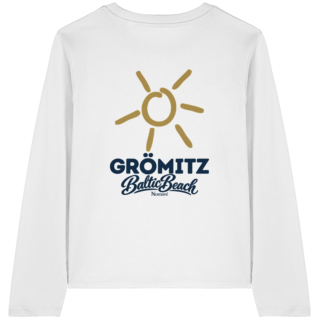Grömitz Sonne Damen Bio Longsleeve in White mit Baltic-Beach-Rückendruck – Shirtigo-Originalmockup