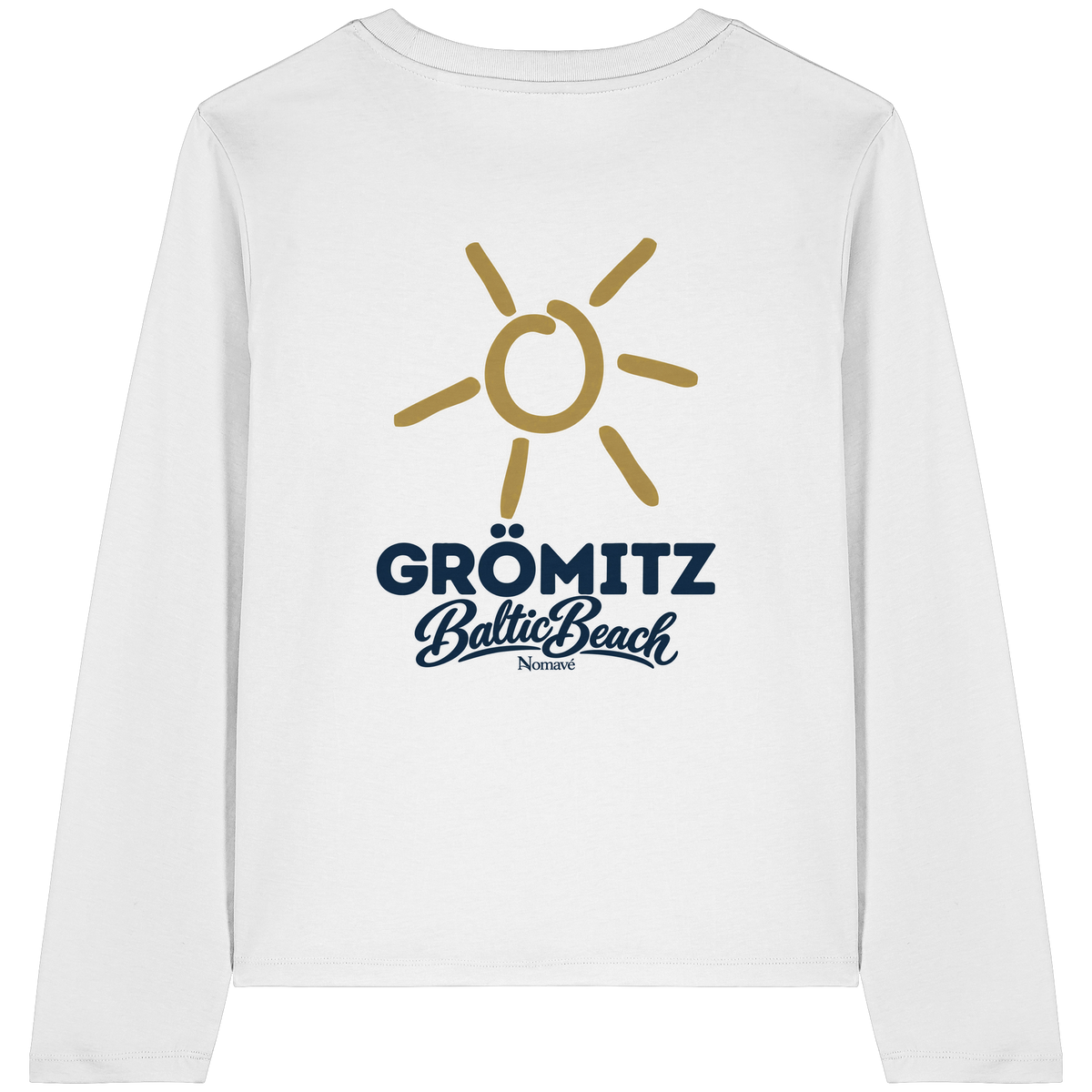 Grömitz Sonne Damen Bio Longsleeve in White mit Baltic-Beach-Rückendruck – Shirtigo-Originalmockup