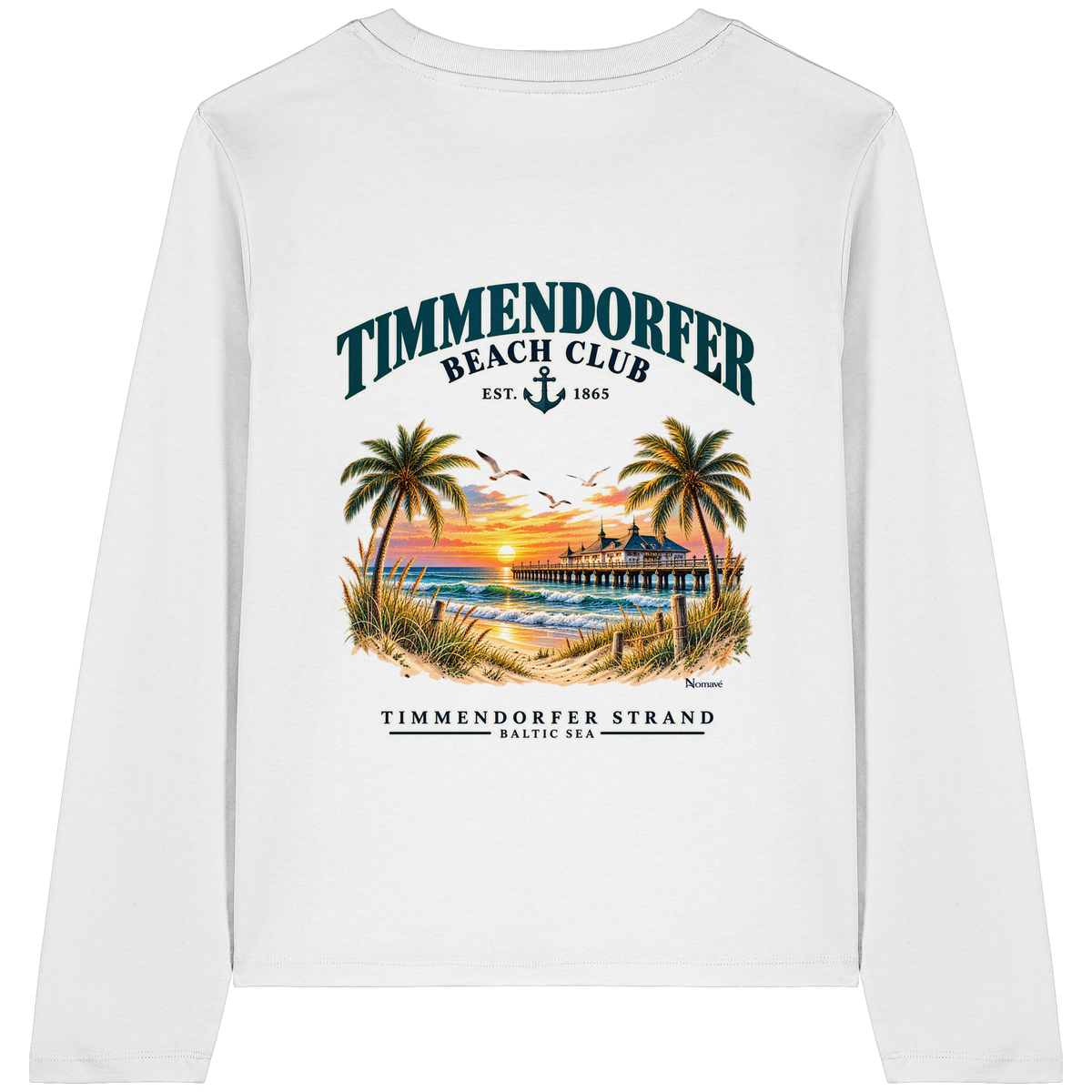 Original-/Katalogmockup: Damen Bio-Longsleeve in White, Rückansicht mit Timmendorfer-Beach-Club-Rückendruck.
