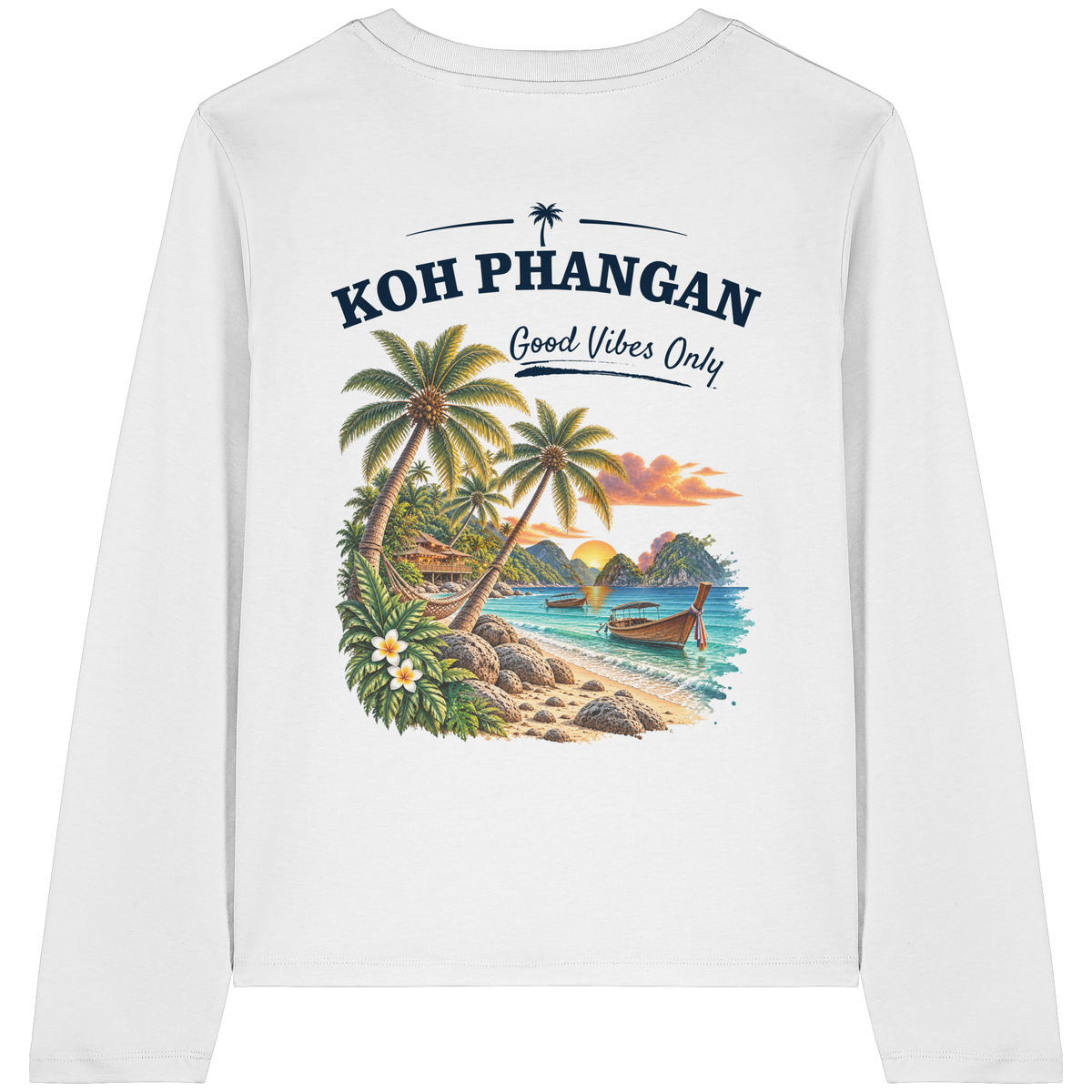 Damen Bio Longsleeve T-Shirt – Backprint in white als Original-Mockup mit Koh Phangan Good Vibes Only Backprint