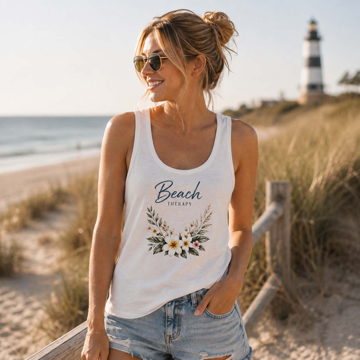 Junge Frau trägt ein weißes Damen-Tanktop mit dem floralen Motiv „Beach Therapy“ von Nomavé. Das sommerliche Blumen-Design wird in einer entspannten Strandkulisse mit Dünen und Leuchtturm präsentiert und vermittelt Urlaubsgefühl, Leichtigkeit und Küstenliebe.