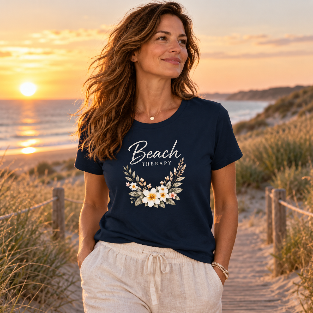 Frau im Beach Therapy Dark Bio T-Shirt bei Sonnenuntergang an den Dünen