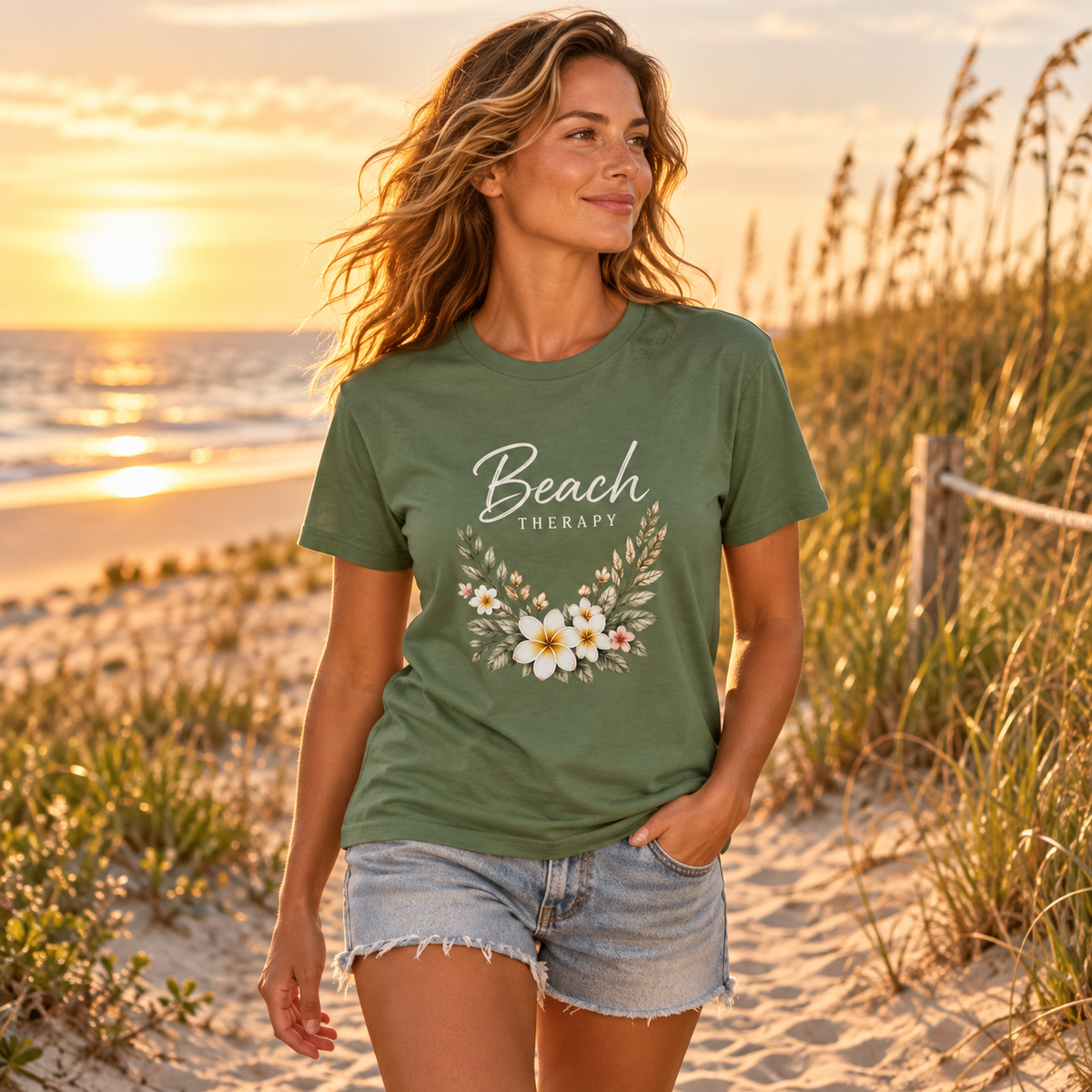Frau im Beach Therapy Dark Essential T-Shirt an den Dünen