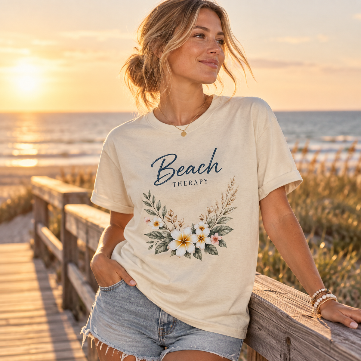 Frau steht auf einem Küstensteg in einem hellen Bio-Heavy T-Shirt der Beach-Therapy-Hellen-Edition mit floralem Frontprint.