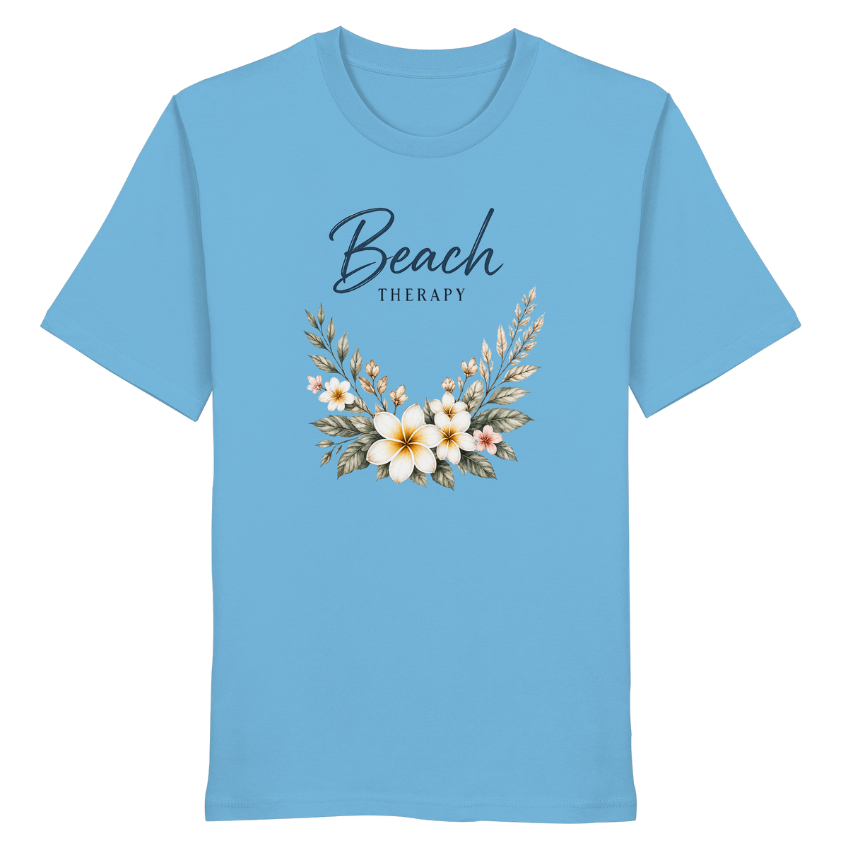 Beach Therapy – Helle Edition – Bio T-Shirt – Vorderansicht in aqua blue