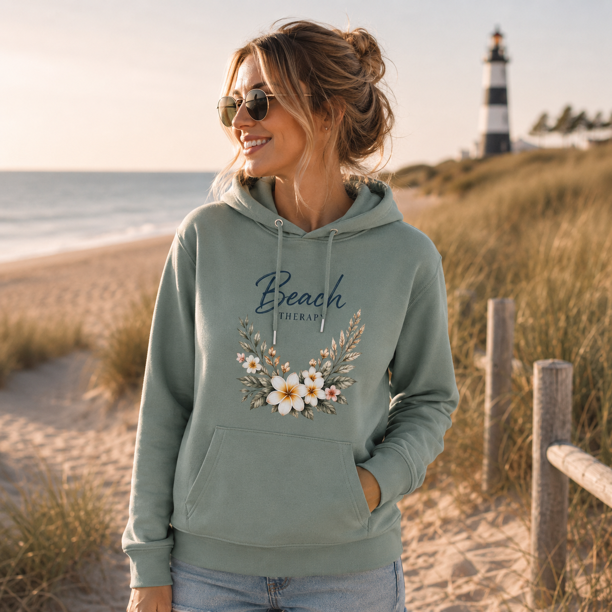 Junge Frau trägt einen salbeigrünen Hoodie mit dem floralen Motiv „Beach Therapy“ von Nomavé. Das hochwertige Blumen-Design wird in einer warmen Strandkulisse mit Dünen, Meer und Leuchtturm präsentiert und vermittelt sommerliches Küstengefühl und entspannte Beach-Vibes.