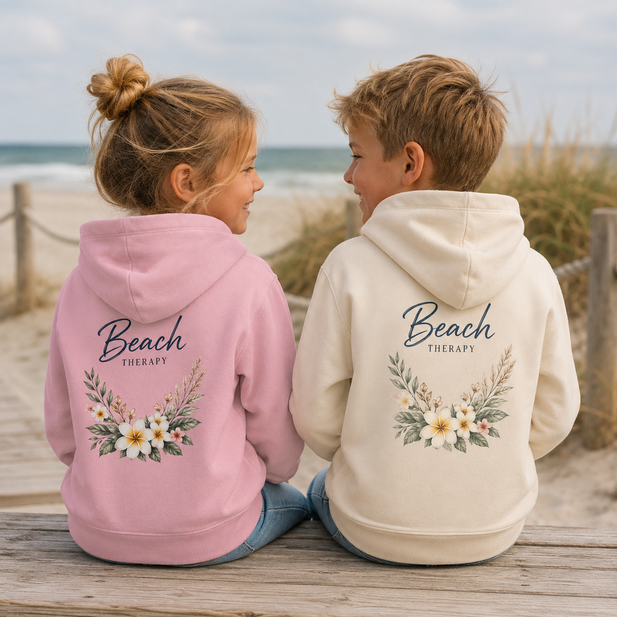 Zwei Kinder am Strand mit rosa und naturfarbenem Nomavé Kinder-Hoodie „Beach Therapy“ und floralem Rückendruck
