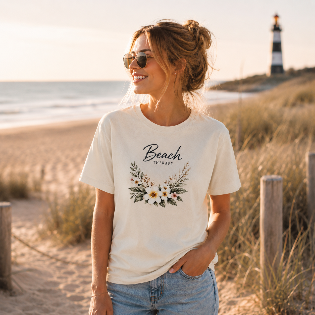 Frau trägt das Beach Therapy Bio T-Shirt von Nomavé an einem Dünenstrand mit Leuchtturm im Hintergrund – florales Küstendesign aus der Floral Collection.