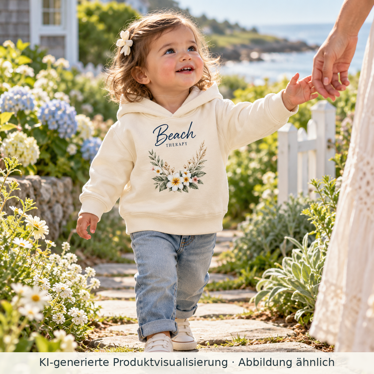 Kleinkind trägt naturfarbenen Beach Therapy Baby Bio-Hoodie mit floralem Frontprint auf einem Gartenweg an der Hand seiner Mutter.