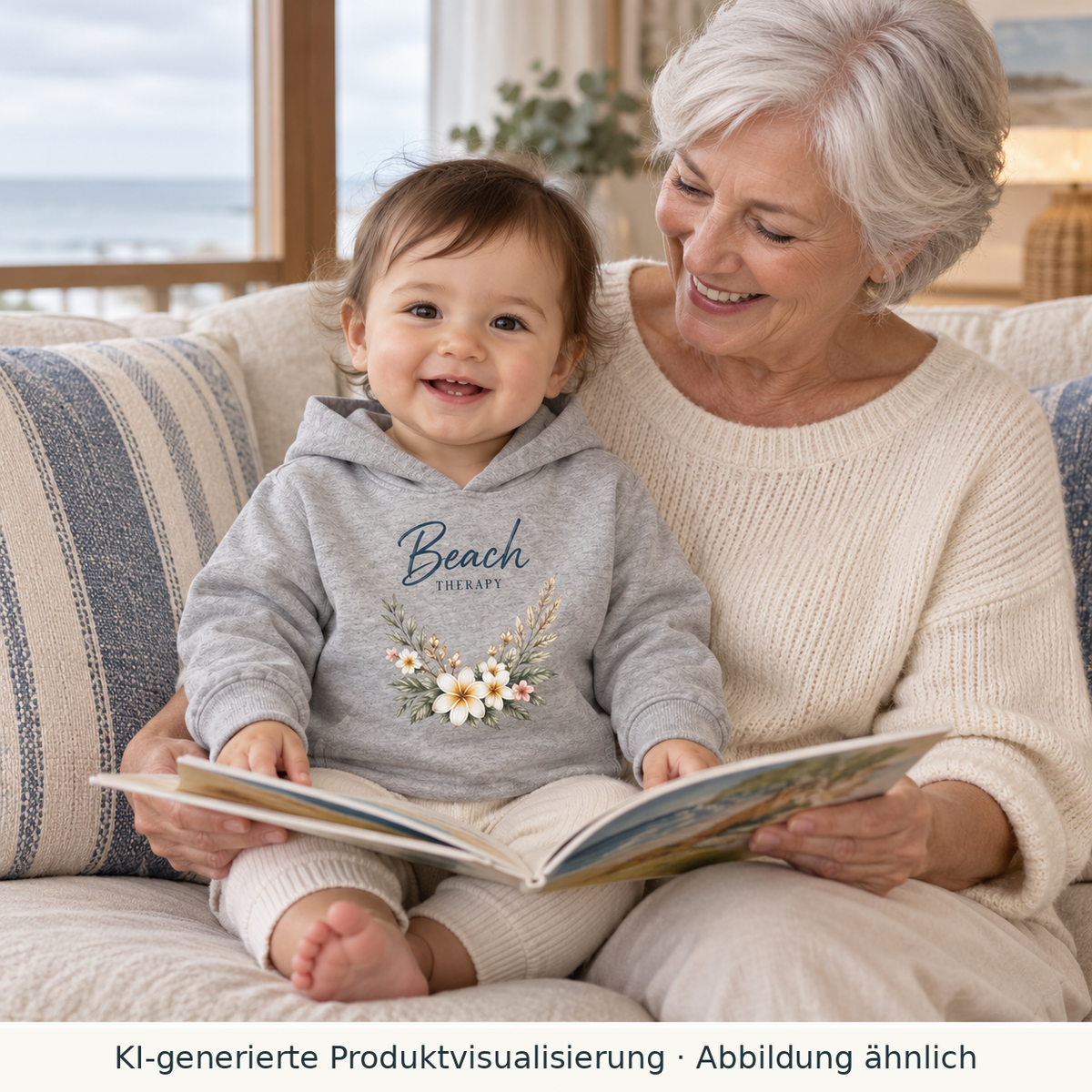 Baby trägt heather-grauen Beach Therapy Bio-Hoodie mit floralem Frontprint beim Bilderbuchlesen mit seiner Großmutter auf dem Sofa.