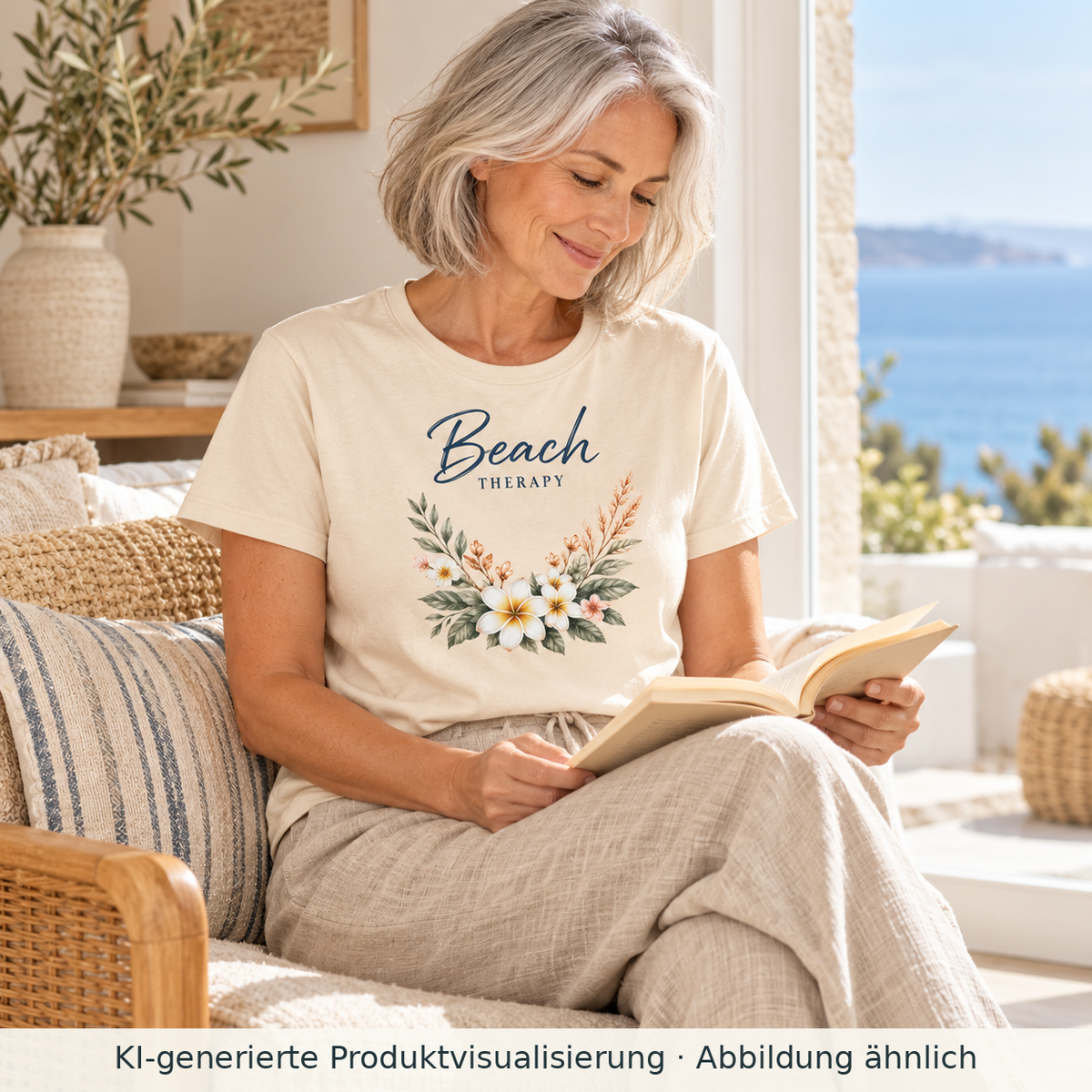 Frau liest im naturfarbenen Beach Therapy Damen Bio-T-Shirt mit floralem Frontprint am Fenster einer Ferienwohnung.
