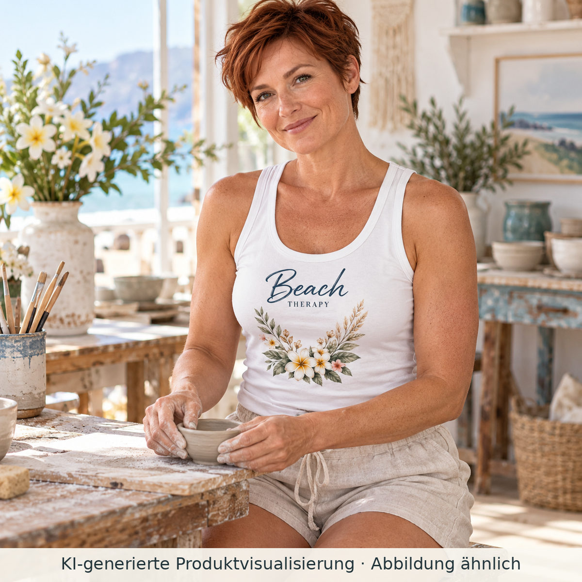 Frau trägt ein weißes Beach Therapy Damen Bio-Tanktop mit floralem Frontprint beim Töpfern in einem hellen Atelier.