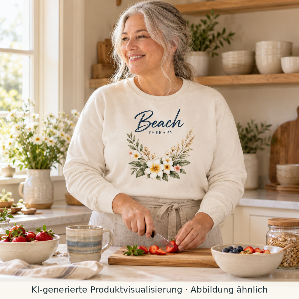 Frau bereitet Frühstück zu und trägt ein Beach Therapy Unisex Bio-Sweatshirt in Vintage White mit floralem Frontprint.