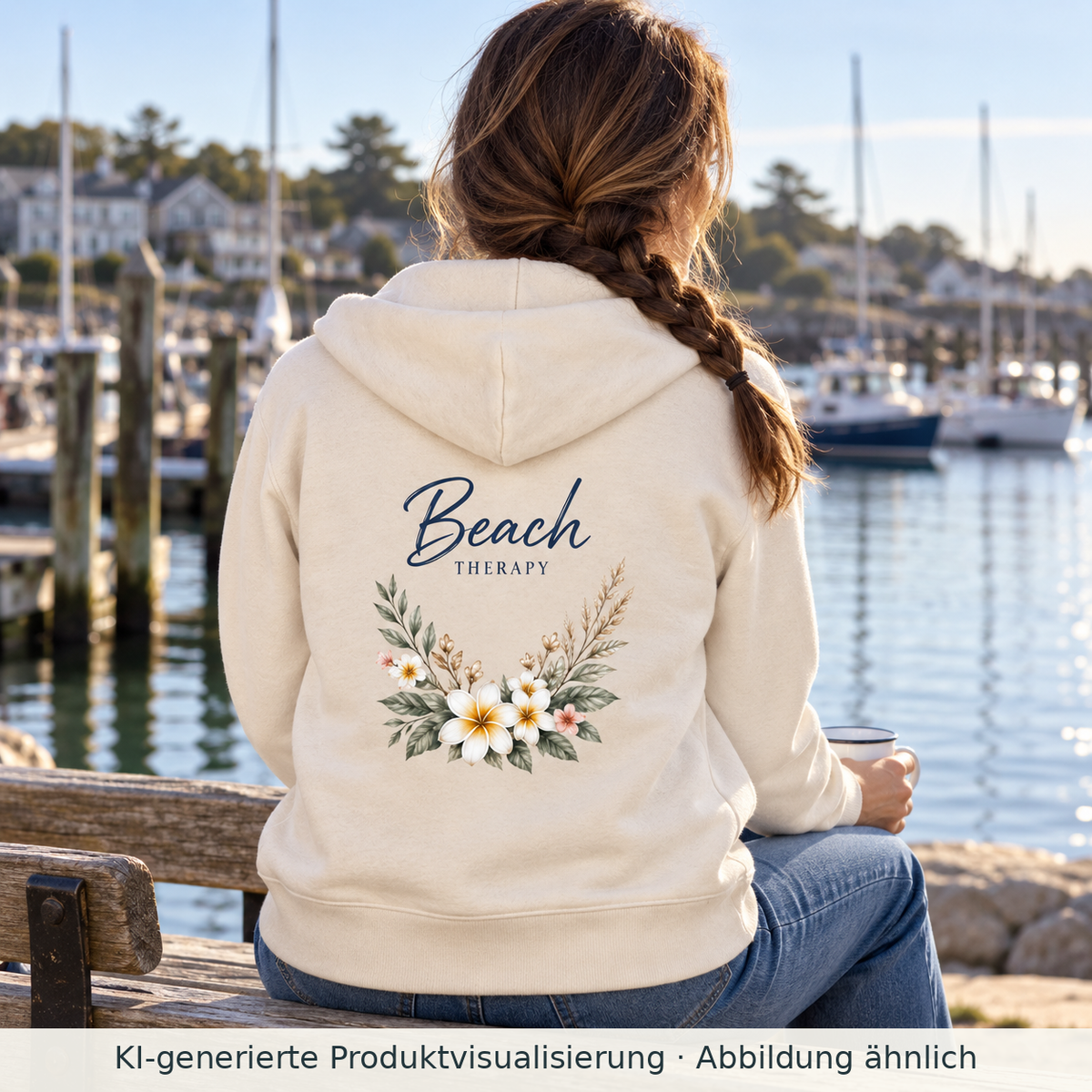 Frau trägt einen Beach Therapy Bio-Zipper in Natural Raw mit floralem Rückenprint auf einer Bank am Hafen.